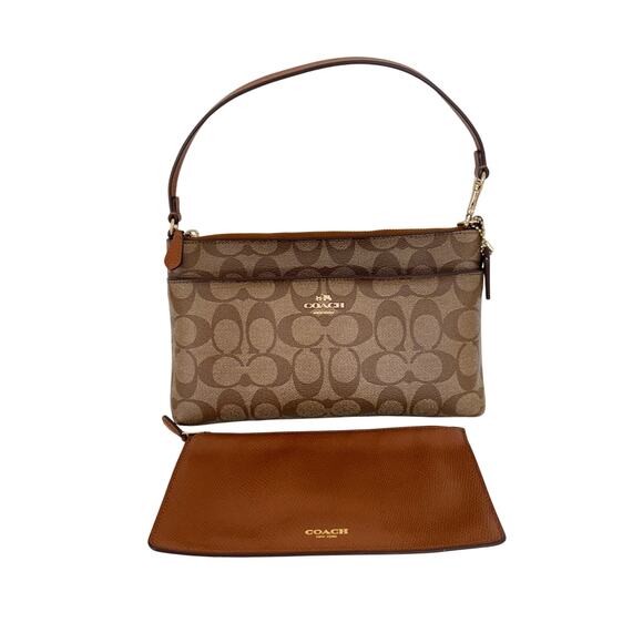 Coach Signature Shoulder Bag Baguette Pop-Out Removable Pouch F65806 Brown - Picture 1 of 14